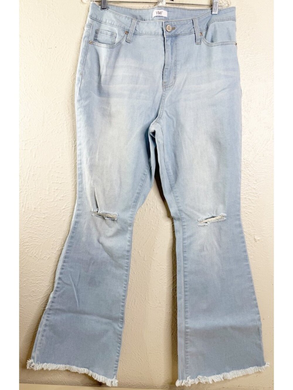 YMI Sz 16 (Actual 34x30) Light Wash Blue Destroyed Flare Jeans Raw Hem GUC